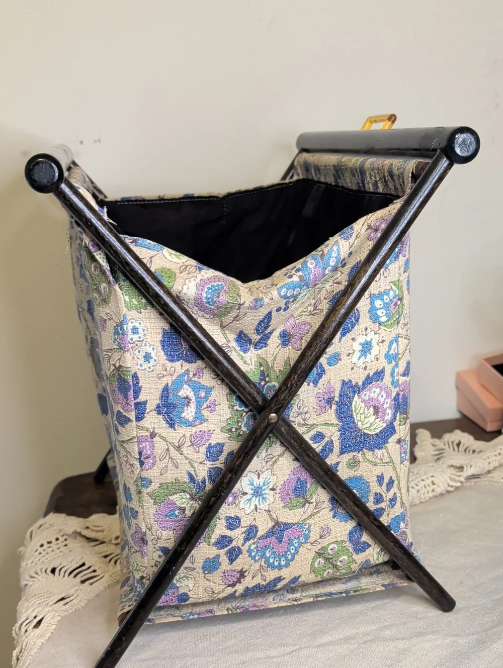 70's Vintage Folding Magazine Rack Floral Fabric Wood Frame Knitting Basket Boho